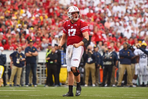 MADISON, WISCONSIN - SEPTEMBER 21:  Jack Coan #17 of the Wisconsin Badgers celebrates a touchdown during the second half of a game against the Michigan Wolverines at Camp Randall Stadium on September 21, 2019 in Madison, Wisconsin. (Photo by Stacy Revere/Getty Images)
