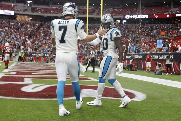 GLENDALE, ARIZONA - SEPTEMBER 22: Wide receiver Curtis Samuel #10 of the Carolina Panthers is congratulated by quarterback Kyle Allen #7 of the Panthers after catching a touchdown pass against the Arizona Cardinals during the first half of the NFL football game at State Farm Stadium on September 22, 2019 in Glendale, Arizona. (Photo by Ralph Freso/Getty Images)