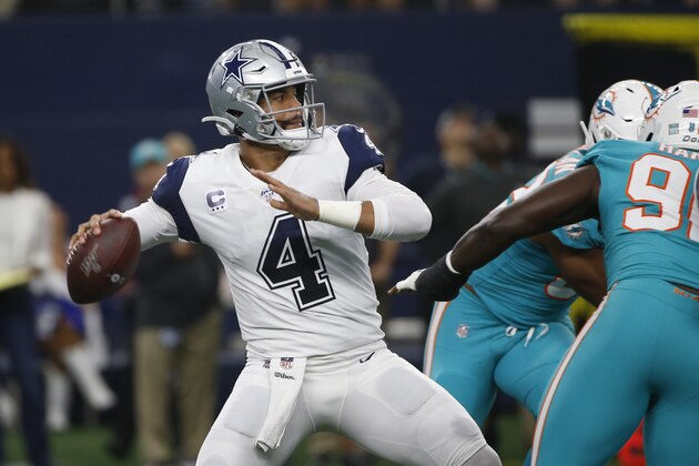Dallas Cowboys' Dak Prescott (4) throws a pass in the first half of a NFL football game against the Miami Dolphins in Arlington, Texas, Sunday, Sept. 22, 2019. (AP Photo/Ron Jenkins)