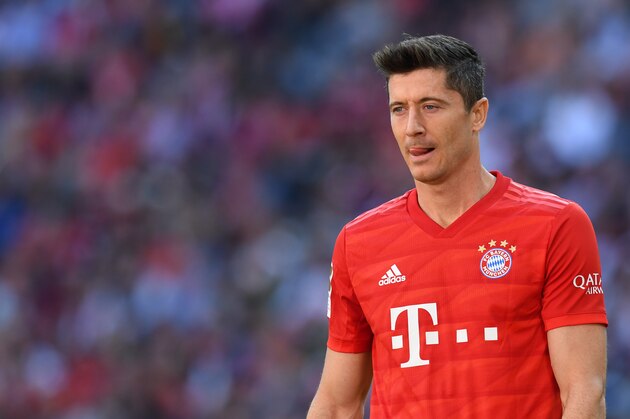 Bayern Munich's Polish forward Robert Lewandowski reacts during the German First division Bundesliga football match between FC Bayern Munich and 1 FC Cologne in Munich, on September 21, 2019. (Photo by Christof STACHE / AFP) / DFL REGULATIONS PROHIBIT ANY USE OF PHOTOGRAPHS AS IMAGE SEQUENCES AND/OR QUASI-VIDEO        (Photo credit should read CHRISTOF STACHE/AFP/Getty Images)