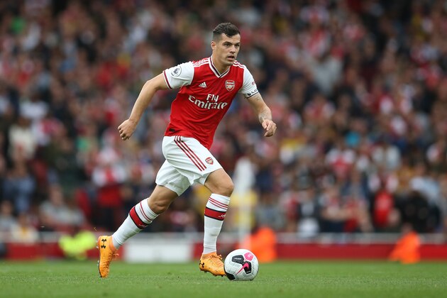LONDON, ENGLAND - SEPTEMBER 22: Granit Xhaka of Arsenal in action during the Premier League match between Arsenal FC and Aston Villa at Emirates Stadium on September 22, 2019 in London, United Kingdom. (Photo by Steve Bardens/Getty Images)