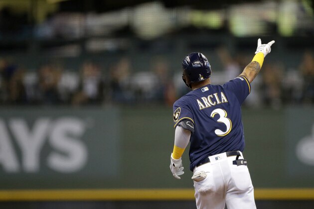 Milwaukee Brewers' Orlando Arcia gestures after hitting a solo home run during the second inning of a baseball game against the Pittsburgh Pirates, Sunday, Sept. 22, 2019, in Milwaukee. (AP Photo/Aaron Gash)