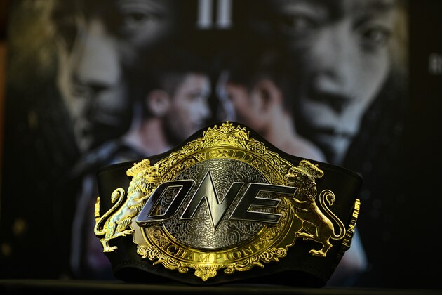 JAKARTA, INDONESIA - MAY 12:  Strawweight World Championship belt is displayed during ONE Strawweight World Championship: Grit and Glory between Yoshitaka Naito of Japan and Alex Silva of Brazil at Jakarta Convention Center on May 12, 2018 in Jakarta, Indonesia.  (Photo by Robertus Pudyanto/Getty Images)