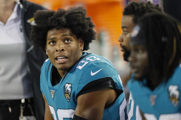 JACKSONVILLE, FLORIDA - SEPTEMBER 19: Jalen Ramsey #20 of the Jacksonville Jaguars sits on the bench during the third quarter of a game against the Tennessee Titans at TIAA Bank Field on September 19, 2019 in Jacksonville, Florida. (Photo by James Gilbert/Getty Images)
