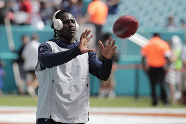 New England Patriots wide receiver Antonio Brown warms up before an NFL football game against the Miami Dolphins, Sunday, Sept. 15, 2019, in Miami Gardens, Fla. (AP Photo/Lynne Sladky) New England Patriots wide receiver Antonio Brown warms up before an NFL football game against the Miami Dolphins, Sunday, Sept. 15, 2019, in Miami Gardens, Fla. (AP Photo/Lynne Sladky)