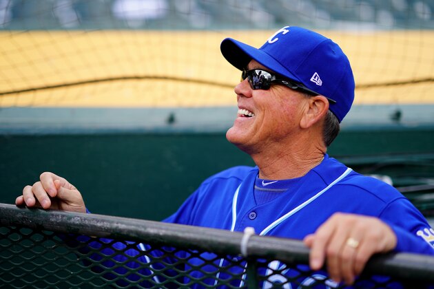OAKLAND, CALIFORNIA - SEPTEMBER 18: Manager Ned Yost #3 of the Kansas City Royals speaks with fans prior to the game against the Oakland Athletics at Ring Central Coliseum on September 18, 2019 in Oakland, California. (Photo by Daniel Shirey/Getty Images)