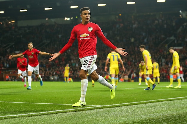 MANCHESTER, ENGLAND - SEPTEMBER 19: Mason Greenwood of Manchester United celebrates after scoring a goal to make it 1-0 during the UEFA Europa League group L match between Manchester United and FK Astana at Old Trafford on September 19, 2019 in Manchester, United Kingdom. (Photo by Robbie Jay Barratt - AMA/Getty Images)