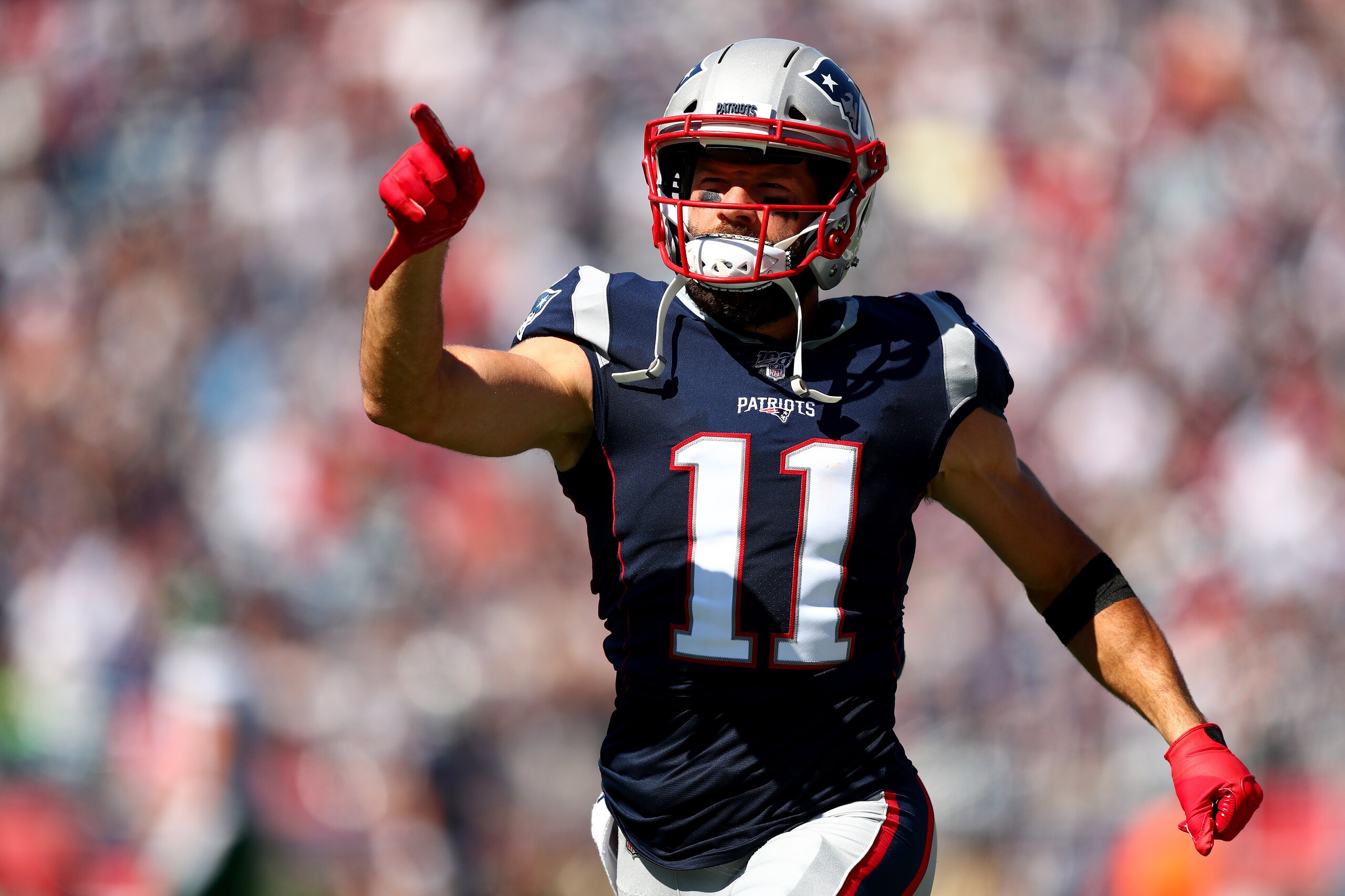FOXBOROUGH, MASSACHUSETTS - SEPTEMBER 22: Julian Edelman #11 of the New England Patriots points prior to the game against the New York Jets at Gillette Stadium on September 22, 2019 in Foxborough, Massachusetts. (Photo by Adam Glanzman/Getty Images)