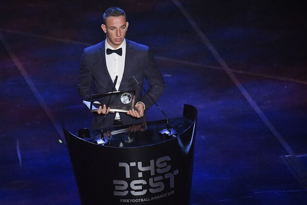 Hungarian forward Daniel Zsori speaks after winning the FIFA Puskas Award for 2019 during The Best FIFA Football Awards ceremony, on September 23, 2019 in Milan. (Photo by Marco Bertorello / AFP)        (Photo credit should read MARCO BERTORELLO/AFP/Getty Images)