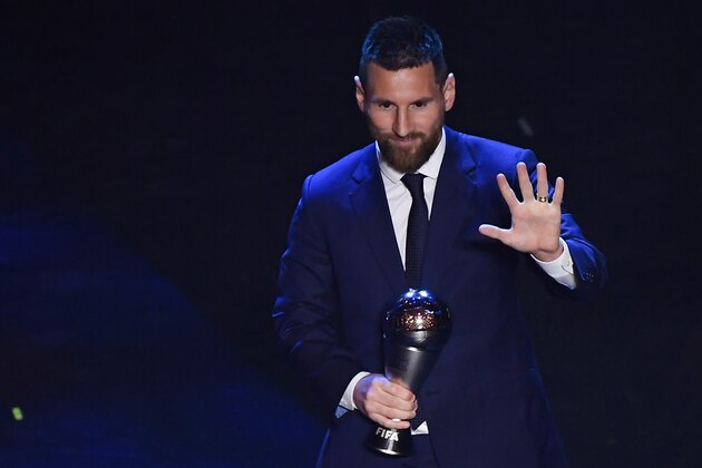 Argentina and Barcelona forward Lionel Messi reacts after winning the trophy for the Best FIFA Men's Player of 2019 Award, during The Best FIFA Football Awards ceremony, on September 23, 2019 in Milan. (Photo by Marco Bertorello / AFP)        (Photo credit should read MARCO BERTORELLO/AFP/Getty Images)