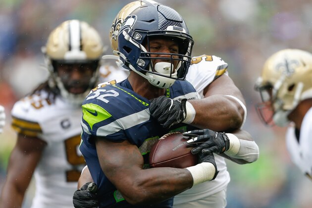 SEATTLE, WA - SEPTEMBER 22: Running back Chris Carson #32 of the Seattle Seahawks rushes against defensive tackle David Onyemata #93 of the New Orleans Saints at CenturyLink Field on September 22, 2019 in Seattle, Washington. (Photo by Otto Greule Jr/Getty Images) SEATTLE, WA - SEPTEMBER 22: Running back Chris Carson #32 of the Seattle Seahawks rushes against defensive tackle David Onyemata #93 of the New Orleans Saints at CenturyLink Field on September 22, 2019 in Seattle, Washington. (Photo by Otto Greule Jr/Getty Images)