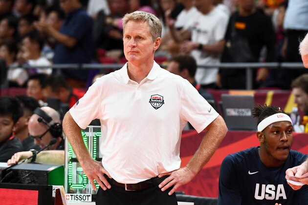 BEIJING, CHINA - SEPTEMBER 14: Assistant Coach Steve Kerr of USA looks on before the game against Poland during the 2019 FIBA World Cup Classification 7-8 on September 14, 2019 at the Cadillac Arena in Beijing, China. NOTE TO USER: User expressly acknowledges and agrees that, by downloading and/or using this photograph, user is consenting to the terms and conditions of the Getty Images License Agreement. Mandatory Copyright Notice: Copyright 2019 NBAE (Photo by Garrett Ellwood/NBAE via Getty Images)