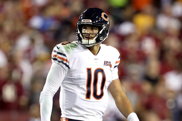 LANDOVER, MARYLAND - SEPTEMBER 23:  Mitchell Trubisky #10 of the Chicago Bears reacts after failing to convert a third down during the first quarter against the Washington Redskins in the game at FedExField on September 23, 2019 in Landover, Maryland. (Photo by Rob Carr/Getty Images)