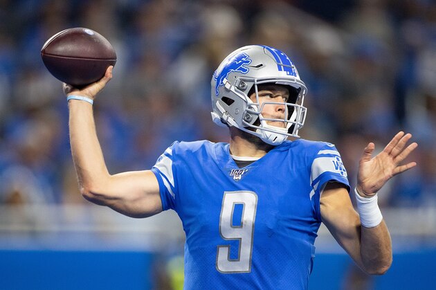 DETROIT, MI - SEPTEMBER 15: Matthew Stafford #9 of the Detroit Lions drops back to pass during the third quarter of the game against the Los Angeles Chargers at Ford Field on September 15, 2019 in Detroit, Michigan. Detroit defeated Los Angeles 13-10. (Photo by Leon Halip/Getty Images)