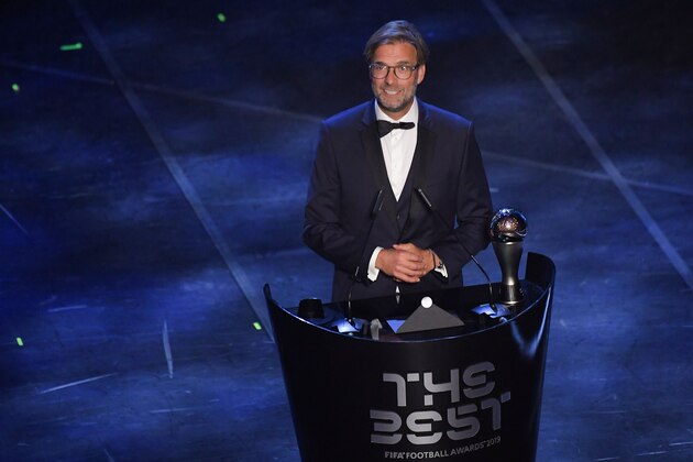 Liverpool coach, Germany's Juergen Klopp speaks after winning the trophy for the Best FIFA Men's Coach of 2019 Award during The Best FIFA Football Awards ceremony, on September 23, 2019 in Milan. (Photo by Marco Bertorello / AFP)        (Photo credit should read MARCO BERTORELLO/AFP/Getty Images)