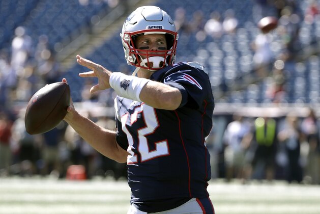 New England Patriots quarterback Tom Brady warms up before an NFL football game against the New York Jets, Sunday, Sept. 22, 2019, in Foxborough, Mass. (AP Photo/Elise Amendola)