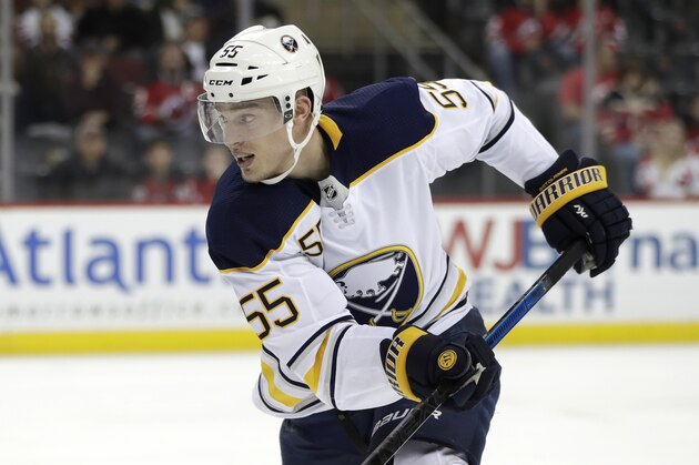 Buffalo Sabres defenseman Rasmus Ristolainen, of Finland, in action against the New Jersey Devils during the second period of an NHL hockey game, Monday, March 25, 2019, in Newark, N.J. (AP Photo/Julio Cortez)