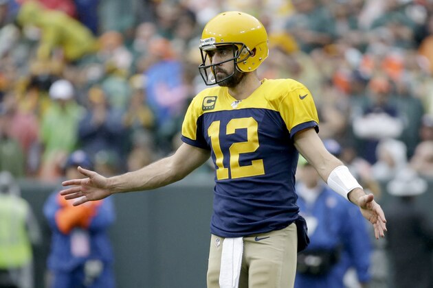 Green Bay Packers quarterback Aaron Rodgers celebrates during the second half of an NFL football game against the Denver Broncos Sunday, Sept. 22, 2019, in Green Bay, Wis. (AP Photo/Mike Roemer)