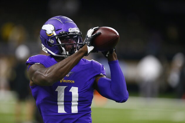 Minnesota Vikings wide receiver Laquon Treadwell (11) warms up before an NFL preseason football game against the New Orleans Saints in New Orleans, Friday, Aug. 9, 2019. (AP Photo/Butch Dill)