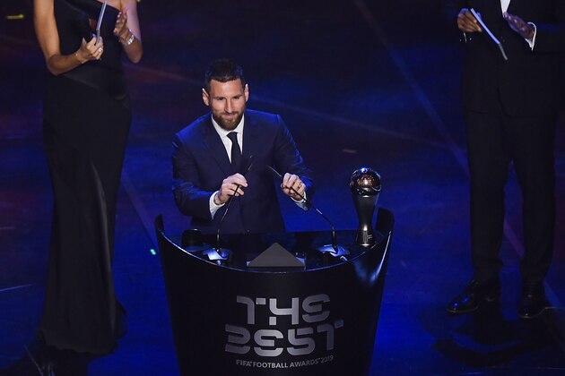 Argentina and Barcelona forward Lionel Messi reacts after winning the trophy for the Best FIFA Men's Player of 2019 Award during The Best FIFA Football Awards ceremony, on September 23, 2019 in Milan. (Photo by Marco Bertorello / AFP)        (Photo credit should read MARCO BERTORELLO/AFP/Getty Images)