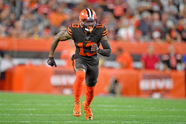 CLEVELAND, OHIO - SEPTEMBER 22: Wide receiver Odell Beckham #13 of the Cleveland Browns jumps off the line during the first quarter against the Los Angeles Rams at FirstEnergy Stadium on September 22, 2019 in Cleveland, Ohio. (Photo by Jason Miller/Getty Images)