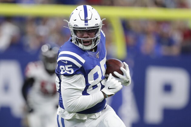 Indianapolis Colts tight end Eric Ebron (85) runs during the first half of an NFL football game against the Atlanta Falcons, Sunday, Sept. 22, 2019, in Indianapolis. (AP Photo/Michael Conroy)