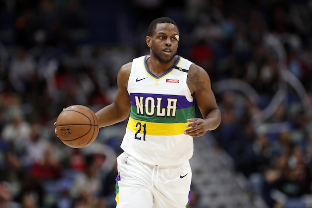 New Orleans Pelicans forward Darius Miller (21) during the second half of an NBA basketball game in New Orleans, Tuesday, Feb. 12, 2019. The Magic won 118-88. (AP Photo/Tyler Kaufman)