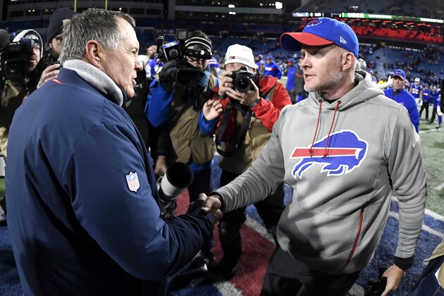 New England Patriots head coach Bill Belichick, left, shakes hands with Buffalo Bills head coach Sean McDermott after an NFL football game, Monday, Oct. 29, 2018, in Orchard Park, N.Y. The Patriots won 25-6. (AP Photo/Adrian Kraus)