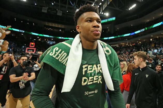 MILWAUKEE, WISCONSIN - MAY 08: Giannis Antetokounmpo #34 of the Milwaukee Bucks leaves the court after a win over the Boston Celtics at Fiserv Forum on May 08, 2019 in Milwaukee, Wisconsin. The Bucks defeated the Celtics 116-91. NOTE TO USER: User expressly acknowledges and agrees that, by downloading and or using this photograph, User is consenting to the terms and conditions of the Getty Images License Agreement. (Photo by Jonathan Daniel/Getty Images)