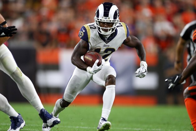 CLEVELAND, OHIO - SEPTEMBER 22: Wide receiver Brandin Cooks #12 of the Los Angeles Rams carries the ball against the Cleveland Browns in the second quarter of the game at FirstEnergy Stadium on September 22, 2019 in Cleveland, Ohio. (Photo by Gregory Shamus/Getty Images)