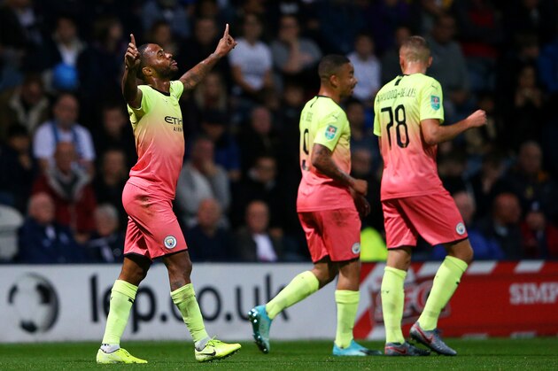 PRESTON, ENGLAND - SEPTEMBER 24: Raheem Sterling of Manchester City celebrates after scoring his team's first goal during the Carabao Cup Third Round match between Preston North Endand Manchester City at Deepdale on September 24, 2019 in Preston, England. (Photo by Alex Livesey/Getty Images)