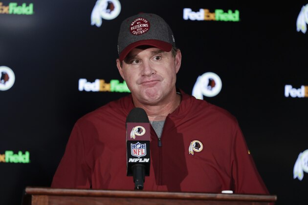 Washington Redskins head coach Jay Gruden pauses while speaking after an NFL football game against the Chicago Bears, Monday, Sept. 23, 2019, in Landover, Md. The Bears won 31-15. (AP Photo/Julio Cortez)