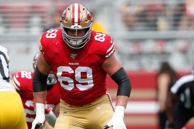 SANTA CLARA, CA - SEPTEMBER 22: Mike McGlinchey #69 of the San Francisco 49ers blocks during the game against the Pittsburgh Steelers at Levi's Stadium on September 22, 2019 in Santa Clara, California. The 49ers defeated the Steelers 24-20. (Photo by Michael Zagaris/San Francisco 49ers/Getty Images)