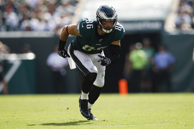 Philadelphia Eagles' Zach Ertz in action during an NFL football game against the Detroit Lions, Sunday, Sept. 22, 2019, in Philadelphia. (AP Photo/Matt Rourke)
