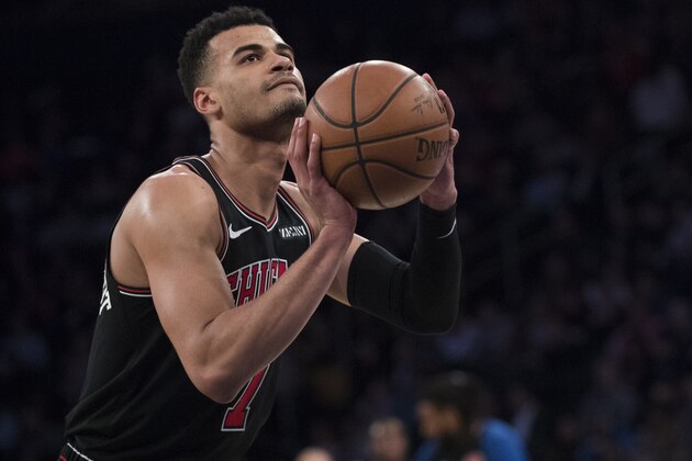 Chicago Bulls guard Timothe Luwawu-Cabarrot shoots a free throw during the second half of an NBA basketball game against the New York Knicks, Monday, April 1, 2019, at Madison Square Garden in New York. The Knicks won 113-105. (AP Photo/Mary Altaffer)
