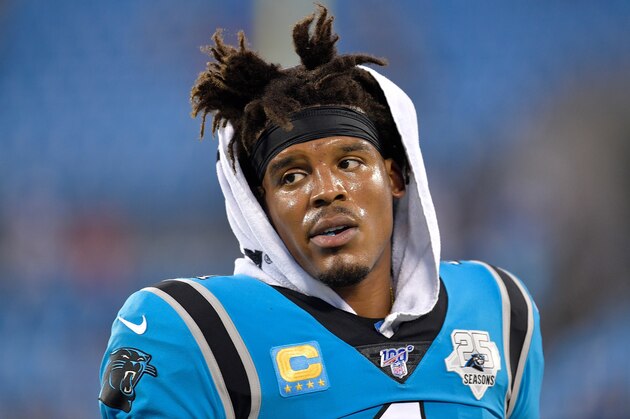 CHARLOTTE, NORTH CAROLINA - SEPTEMBER 12: Cam Newton #1 of the Carolina Panthers against the Tampa Bay Buccaneers during the first quarter of their game at Bank of America Stadium on September 12, 2019 in Charlotte, North Carolina. (Photo by Grant Halverson/Getty Images)