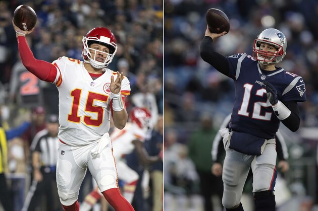 FILE - At left, in a Nov. 19, 2018, file photo, Kansas City Chiefs quarterback Patrick Mahomes throws a pass during an NFL football game against the Los Angeles Rams in Los Angeles. At right, in a Dec. 30, 2018, file photo, New England Patriots quarterback Tom Brady throws during the second half of an NFL football game in Foxborough, Mass. It seems football fans everywhere are suddenly on the Chiefs’ bandwagon, enthralled by their record-setting young quarterback and exciting offensive playmakers while hopeful that their amiable old coach can finally win the big one. Then again, maybe they’re just fans of anybody facing New England.(AP Photo/File)