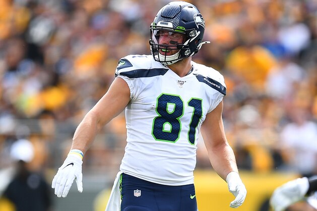 PITTSBURGH, PA - SEPTEMBER 15:  Nick Vannett #81 of the Seattle Seahawks in action during the game against the Pittsburgh Steelers at Heinz Field on September 15, 2019 in Pittsburgh, Pennsylvania. (Photo by Joe Sargent/Getty Images)
