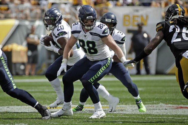 Seattle Seahawks tight end Will Dissly (88) blocks during an NFL football game against the Pittsburgh Steelers, Sunday, Sept. 15, 2019, in Pittsburgh. (AP Photo/Gene J. Puskar)