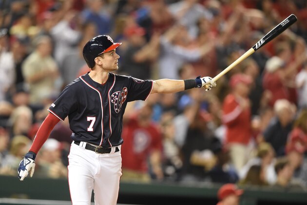 WASHINGTON, DC - SEPTEMBER 24:  Trea Turner #7 of the Washington Nationals hits a grand slam in the sixth inning during game two of a doubleheader baseball game against the Philadelphia Phillies at Nationals Park on September 24, 2019 in Washington, DC.  (Photo by Mitchell Layton/Getty Images)