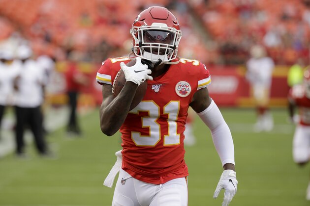 Kansas City Chiefs running back Darrel Williams (31) warms up before an NFL preseason football game against the San Francisco 49ers in Kansas City, Mo., Saturday, Aug. 24, 2019. (AP Photo/Charlie Riedel)