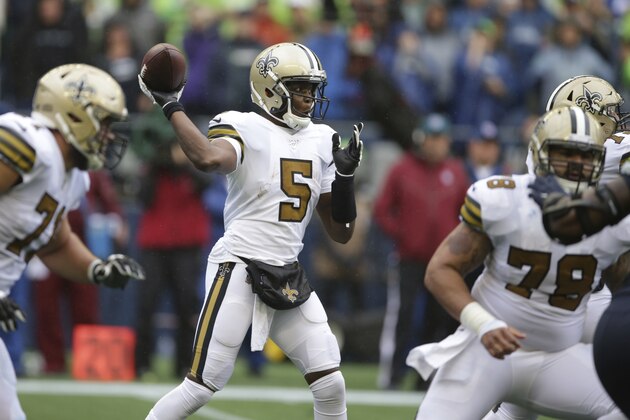 New Orleans Saints quarterback Teddy Bridgewater in action against the Seattle Seahawks during the second half of an NFL football game, Sunday, Sept. 22, 2019, in Seattle. (AP Photo/Scott Eklund)