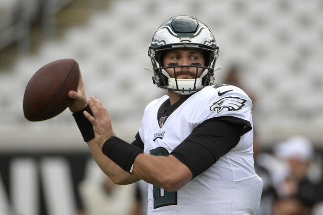 Philadelphia Eagles quarterback Cody Kessler (2) throws a pass before an NFL preseason football game against the Jacksonville Jaguars Thursday, Aug. 15, 2019, in Jacksonville, Fla. (AP Photo/Phelan M. Ebenhack)