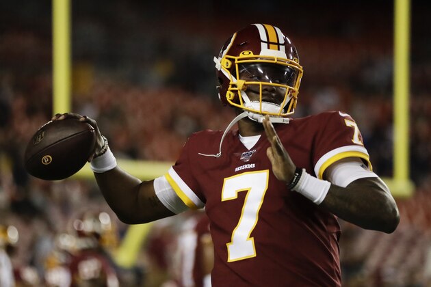 Washington Redskins quarterback Dwayne Haskins throws before an NFL football game against the Chicago Bears, Monday, Sept. 23, 2019, in Landover, Md. (AP Photo/Julio Cortez)