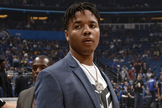 ORLANDO, FL - APRIL 5: Markelle Fultz #20 of the Orlando Magic looks on before the game against the Atlanta Hawks on April 5, 2019 at Amway Center in Orlando, Florida. NOTE TO USER: User expressly acknowledges and agrees that, by downloading and or using this photograph, User is consenting to the terms and conditions of the Getty Images License Agreement. Mandatory Copyright Notice: Copyright 2019 NBAE (Photo by Gary Bassing/NBAE via Getty Images)