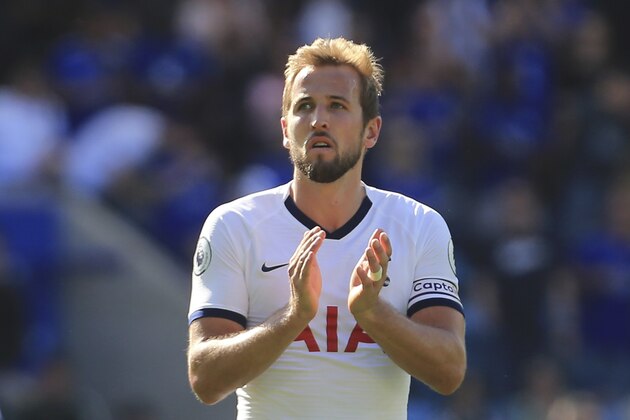 Tottenham's Harry Kane applauds his side's fans after they lost to Leicester 2-1 in the English Premier League soccer match between Leicester City and Tottenham Hotspur at the King Power Stadium in Leicester, England, Saturday, Sept. 21, 2019. (AP Photo/Leila Coker)