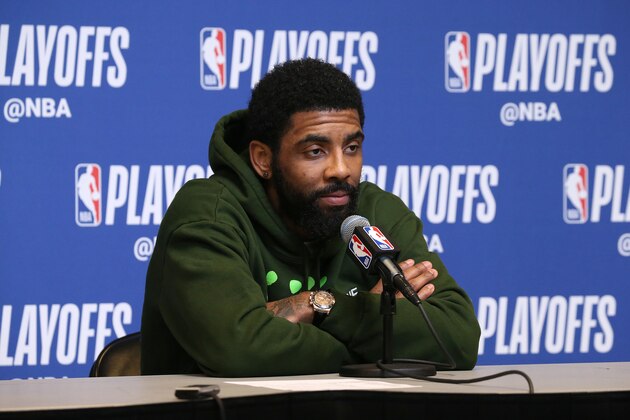 MILWAUKEE, WI - MAY 8: Kyrie Irving #11 of the Boston Celtics speaks to the media Game Five of the Eastern Conference Semifinals against the Milwaukee Bucks during the 2019 NBA Playoffs on May 8, 2019 at the Fiserv Forum in Milwaukee, Wisconsin. NOTE TO USER: User expressly acknowledges and agrees that, by downloading and/or using this photograph, user is consenting to the terms and conditions of the Getty Images License Agreement. Mandatory Copyright Notice: Copyright 2019 NBAE (Photo by Gary Dineen/NBAE via Getty Images)