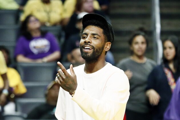 LOS ANGELES, CA - AUGUST 1: Kyrie Irving of the Brooklyn Nets attends the game between the Las Vegas Aces and the Los Angeles Sparks on August 1, 2019 at STAPLES Center in Los Angeles, California. NOTE TO USER: User expressly acknowledges and agrees that, by downloading and/or using this photograph, user is consenting to the terms and conditions of the Getty Images License Agreement. Mandatory Copyright Notice: Copyright 2019 NBAE (Photo by Chris Elise/NBAE via Getty Images)