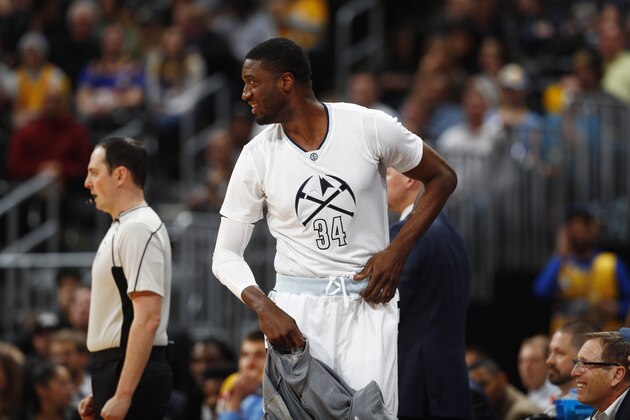 Denver Nuggets center Roy Hibbert (34) in the second half of an NBA basketball game Monday, March 13, 2017, in Denver. The Nuggets won 129-101. (AP Photo/David Zalubowski)