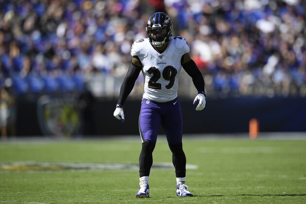 Baltimore Ravens free safety Earl Thomas lines up for a play in the first half of an NFL football game against the Arizona Cardinals, Sunday, Sept. 15, 2019, in Baltimore. (AP Photo/Nick Wass)